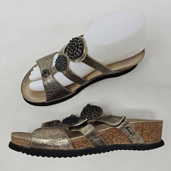 MEPHISTO STRAPPY SANDALS GOLD LEATHER BLACK CHARM WEDGE HEELS 37 US SIZE 7 - Picture 1 of 8